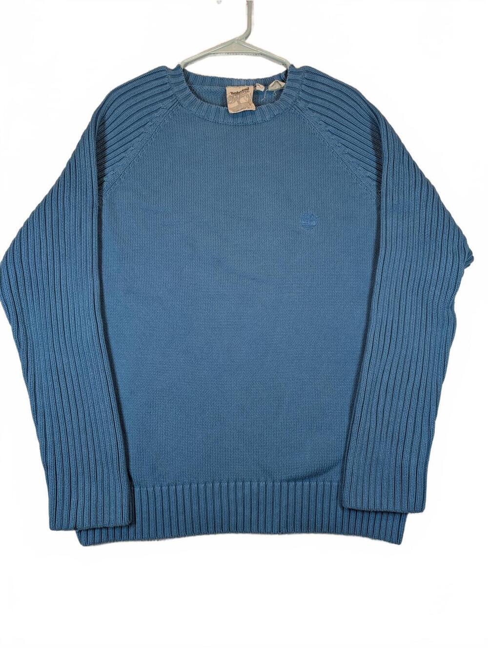 Timberland Cotton Knit Ribbed Crewneck Pullover Sweater Mens XXL Blue Logo